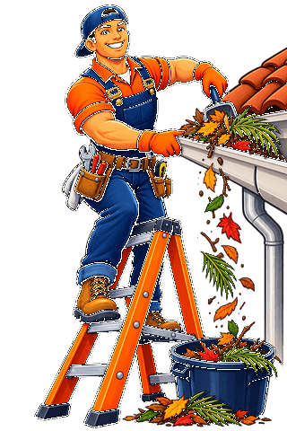 Handyman Pros mascot cleaning gutters